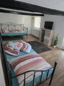 1 Schlafzimmer mit 2 Etagenbetten und einem Flachbild-TV in der Unterkunft Mary Haus in Blasbach + 16 Fotos