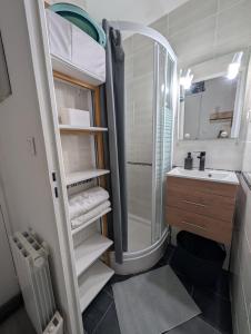 ein kleines Badezimmer mit Dusche und Waschbecken in der Unterkunft Studio cv 4p, parking privée cosy design in La Grande-Motte