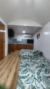 a bedroom with a bed with a green and white blanket at Beachfront Aircon Modern Bahay Kubo for 10 pax in Caba