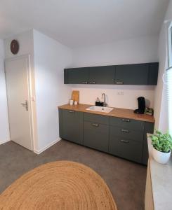 a kitchen with green cabinets and a sink at Ferienwohnung Waldgeflüster in Melle +10 photos