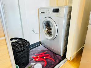a washing machine in a laundry room with a trash can at Le Rivage - Gare SNCF in Rive-de-Gier