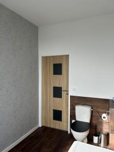 a bathroom with a toilet and a wooden door at Apartmán 28 in Horní Město