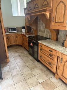 a kitchen with wooden cabinets and a stove top oven at Bastian Gate Gosford Castle 