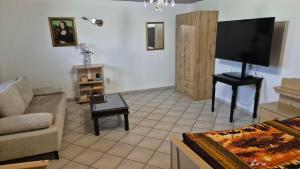 un salon avec un canapé et une télévision à écran plat dans l'établissement Ferienwohnung Zauberhaft, à Bad Soden-Salmünster