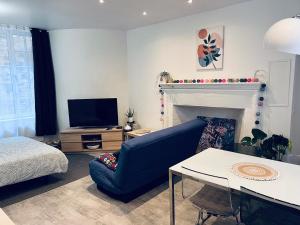 リオンにあるStudio Riom de Coeurの青いソファと暖炉のあるリビングルーム