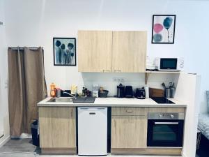 a small kitchen with wooden cabinets and a sink at Studio Riom de Coeur in Riom