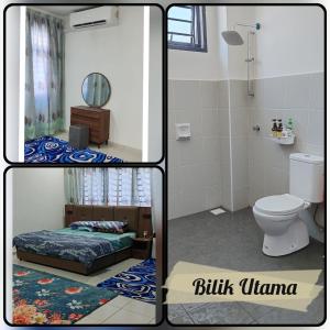 two pictures of a bathroom with a bed and a toilet at Spacious 2-Storey Home in Kampong Alor