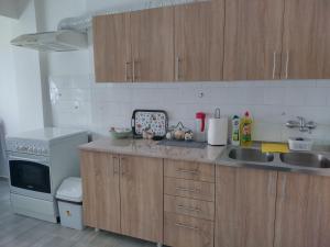 a kitchen with wooden cabinets and a sink and a stove at Aleksej in Irig