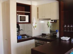 a kitchen with a sink and a microwave at Departamento acogedor con excelente ubicación in El Cerrillo +7 photos