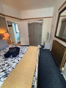 a bedroom with a bed and a closet at Harbour View Ground Floor Flat with Private Parking, only 5 Mins walk to harbour in Brixham