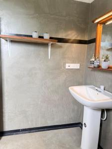 a bathroom with a sink and a mirror and a shelf at Olaia Apartments and Cafe in Weligama