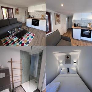eine Collage aus drei Bildern eines Wohnzimmers und einer Küche in der Unterkunft Soh Rent Appartement Schiltigheim proche Strasbourg terrasse -Tv in Schiltigheim