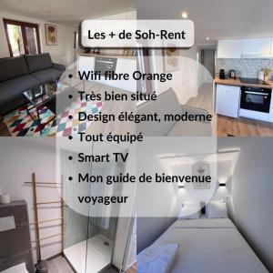 eine Collage mit Fotos von einem Wohnzimmer und einer Küche in der Unterkunft Soh Rent Appartement Schiltigheim proche Strasbourg terrasse -Tv in Schiltigheim