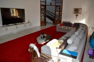a living room with a couch and a horse on a red rug at Villa Lu Bartolo - Room Rose in Taʼ Lampuka