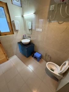 a bathroom with a toilet and a sink at Kullu Heights - Bijli Mahadev in Kulu