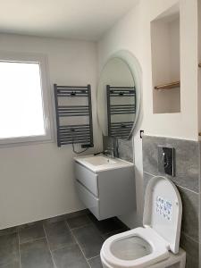 a bathroom with a toilet and a sink and a mirror at superbe villa neuve in Aytré