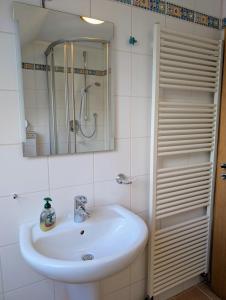 a bathroom with a sink and a mirror at Ferienwohnung Hof Zürnen in Wolfegg +26 photos