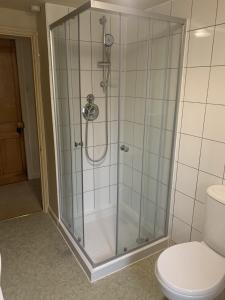 a shower stall in a bathroom with a toilet at The Lord Nelson Inn in Marshfield