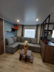 salon z kanapą i stołem w obiekcie MH263 3 chambres et 2 salles de bain dans camping 4 étoiles w mieście Saint-Julien-en-Born