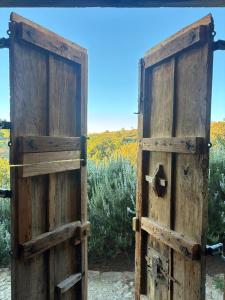 Un par de puertas de madera en un campo. en Casa Cipampini, en Petralia Soprana