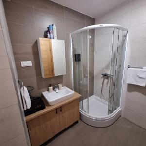 a bathroom with a shower and a sink at Apartman 452 sa pogledom na stazu Hotel Vučko private host in Jahorina