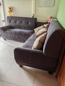 a brown couch with pillows on it in a living room at Black Widow in Horquetas