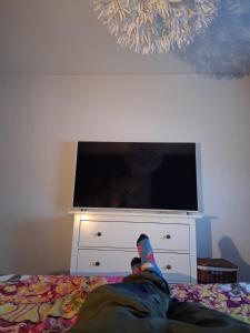 una persona acostada en una cama frente a una TV en Cozy and family friendly apartment, en Rovaniemi 9 fotos más