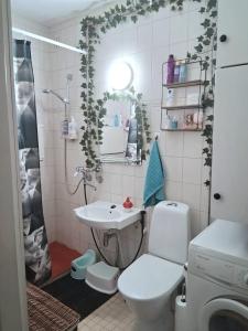 un baño con inodoro y lavabo en Cozy and family friendly apartment, en Rovaniemi