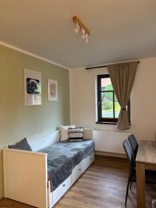 a bedroom with a bed and a window at Apartmány Borovice in Josefŭv Dŭl