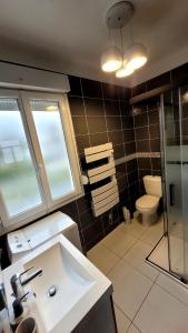 a bathroom with a sink and a shower and a toilet at Duplex les pieds dans l'eau in Grandcamp-Maisy