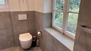 een badkamer met een toilet en een raam bij Villa Wewelsburg in Büren +8 foto's