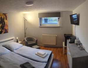 a bedroom with a bed and a television in it at Ferien- Messe- Handwerkerzimmer mit Bad in Harsum
