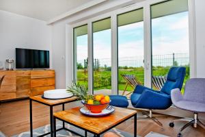 een woonkamer met een televisie en blauwe stoelen bij BlueApart Apartamenty Na Plaży Jastarnia in Jastarnia