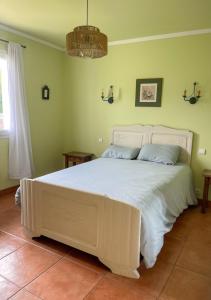 ein Schlafzimmer mit einem großen weißen Bett in einem Zimmer in der Unterkunft Maison chaleureuse in Mézos