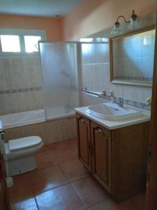 a bathroom with a sink and a shower and a toilet at Maison chaleureuse in Mézos