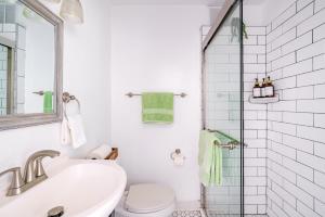 a bathroom with a sink and a toilet and a mirror at Short North Convention Private Parking Pets! in Columbus