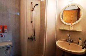 a bathroom with a shower and a sink and a mirror at AsteriA 3D House Inn in Pano Arodes