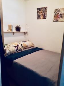 Una cama en una habitación con dos almohadas encima. en Le Balcon du Soleil studio climatisé Wifi coin nuit lit douillet proche cure et étang, en Balaruc-les-Bains