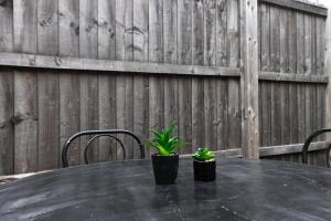 a black table with two potted plants on it at Charming 3 Bed House with Garden in Bickley +51 photos