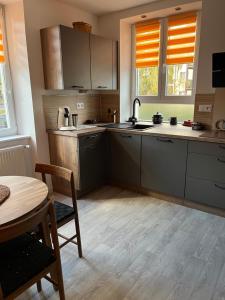 a kitchen with a table and a dining room at Chez F & G in Sélestat