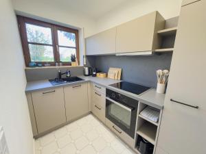 una cocina con fregadero y estufa horno superior en Hyggeapartment Gailingen - Dein Rückzugsort am Hochrhein, en Gailingen