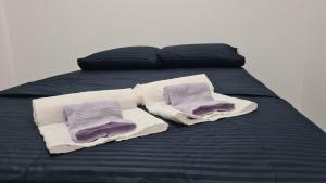 a bed with purple and white towels on it at Casa 66 Completa Garagem 2ACs WIFI Juazeiro, Crato e Barbalha in Barbalha
