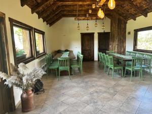 a dining room with green chairs and a table at Casa meșterului in Sohodol