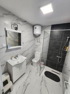 a bathroom with a sink toilet and a shower at Alexander The Great ATG in Skopje +71 photos
