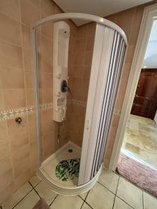 a shower with a glass door in a bathroom at F3 et Piscine Port Yasmine Hammamet in Yasmine