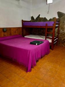 a bed with a purple blanket on top of it at Hosteria Rosales in Trapiche +12 photos