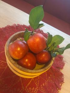 un tazón de manzanas rojas sobre una mesa en Jåstad Gjestetun, en Jåstad