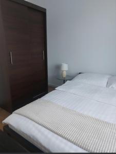 a bedroom with a large white bed with a wooden door at Apartament 24 Bolesławiec z garażem podziemnym in Bolesławiec
