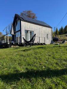 a house with a hammock in front of it at Domek Mecenasa in Nieledwia +11 photos