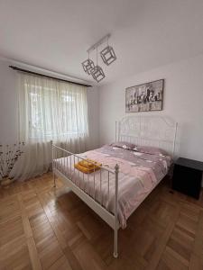 a bedroom with a bed with a metal frame at Wine Road Apartment in Gura Vadului +7 photos